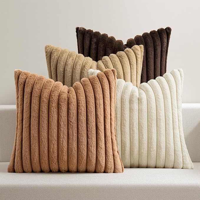MIULEE Faux Fur Plush Decorative Throw Pillow Covers 20x20 Set of 4, Boho Fall Farmhouse Soft Fuzzy Striped Cushion Covers for Sofa Couch Bed Living Room Vintage Rustic Home Decor,Brown