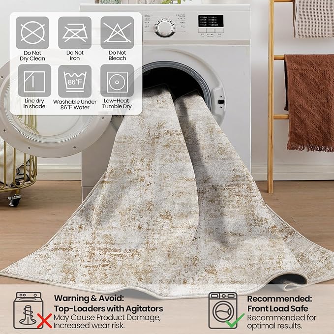 DEXI Washable Area Rug for Living Room 8x10, Modern Abstract Soft Indoor Large Rugs, Stain Resistant Low Pile Carpet with Non Slip Backing for Dining Bedroom Office, Khaki