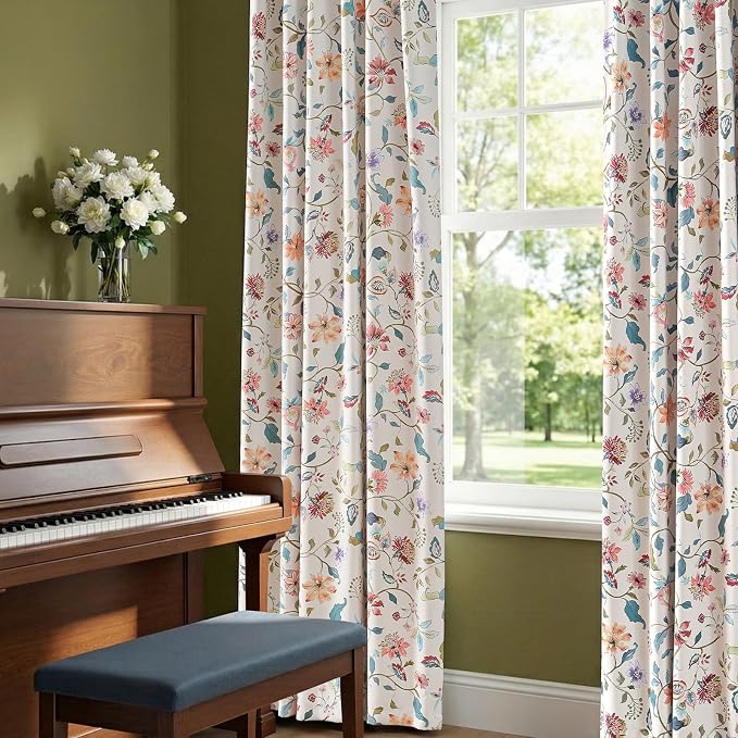 jinchan Hattie Beige Floral Blackout Curtains 84 Inch Length – Room Darkening Vintage Curtains Cream Botanical Drapes for Living Room & Bedroom, Elegant Farmhouse Window Panels, Set of 2 Panels