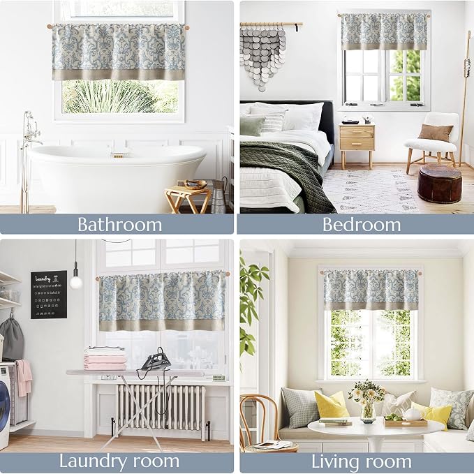 jinchan Linen Valance Curtain for Kitchen Vintage Damask Floral Light Filtering Double Layer Small Window Valance for Living Room Bedroom Bathroom 18 Inch Rod Pocket 1 Panel Light Blue on Beige