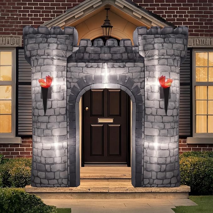 Preboun 8ft Medieval Party Inflatable Decoration Medieval Inflatable Castle Blow up Archway with Built-in Lights for Knight Birthday Cosplay Party Outdoor Yard Garden Decor