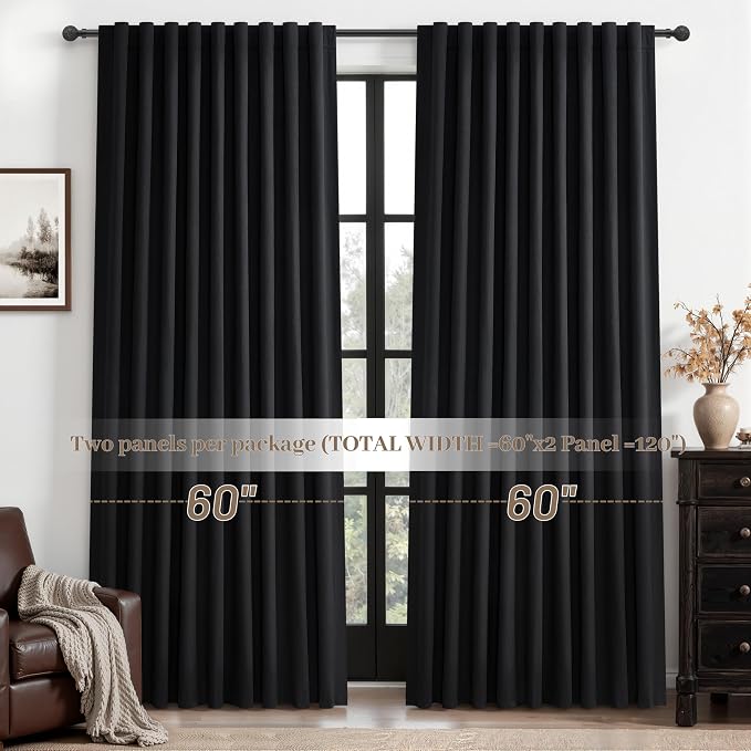 Black Out Curtains 60 Inches Extra Wide Luxury Linen Curtains 96 Inch Length for Living Room, Pleated Farmhouse Bedroom Thermal Heavy Drapes for Winter Thick Large Window 60"W x 96"L 2 Panels