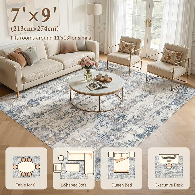 7x9 Area Rug Living Room Rugs: Washable Large Soft Abstract Modern Neutral Rug Stain Resistant & Non-Slip Low-Pile Carpet for Bedroom Dining Nursery Home Office Room Decor - Grey Blue