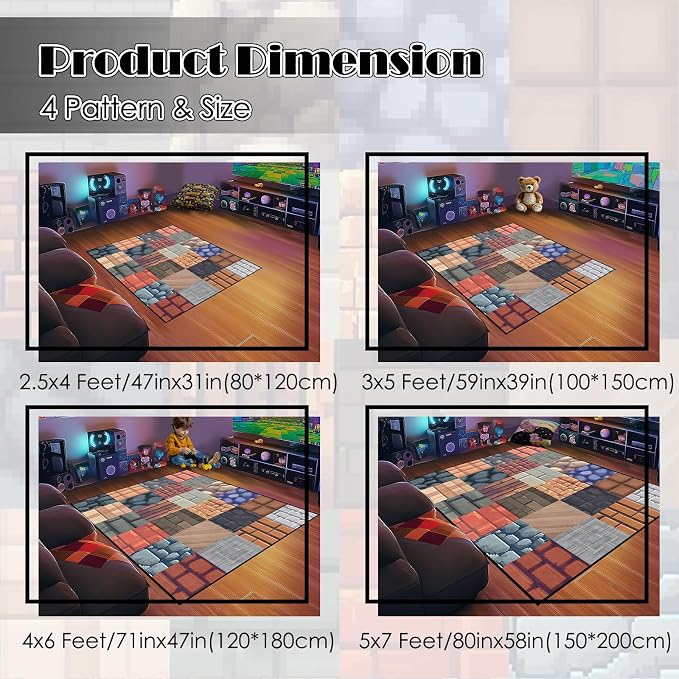 Game Rug - Old Game Block Theme Carpets for Boys Bedroom Living Room Gaming Room Decor Rugs for Boys Bedroom Large Playroom Rug, 5'x7'