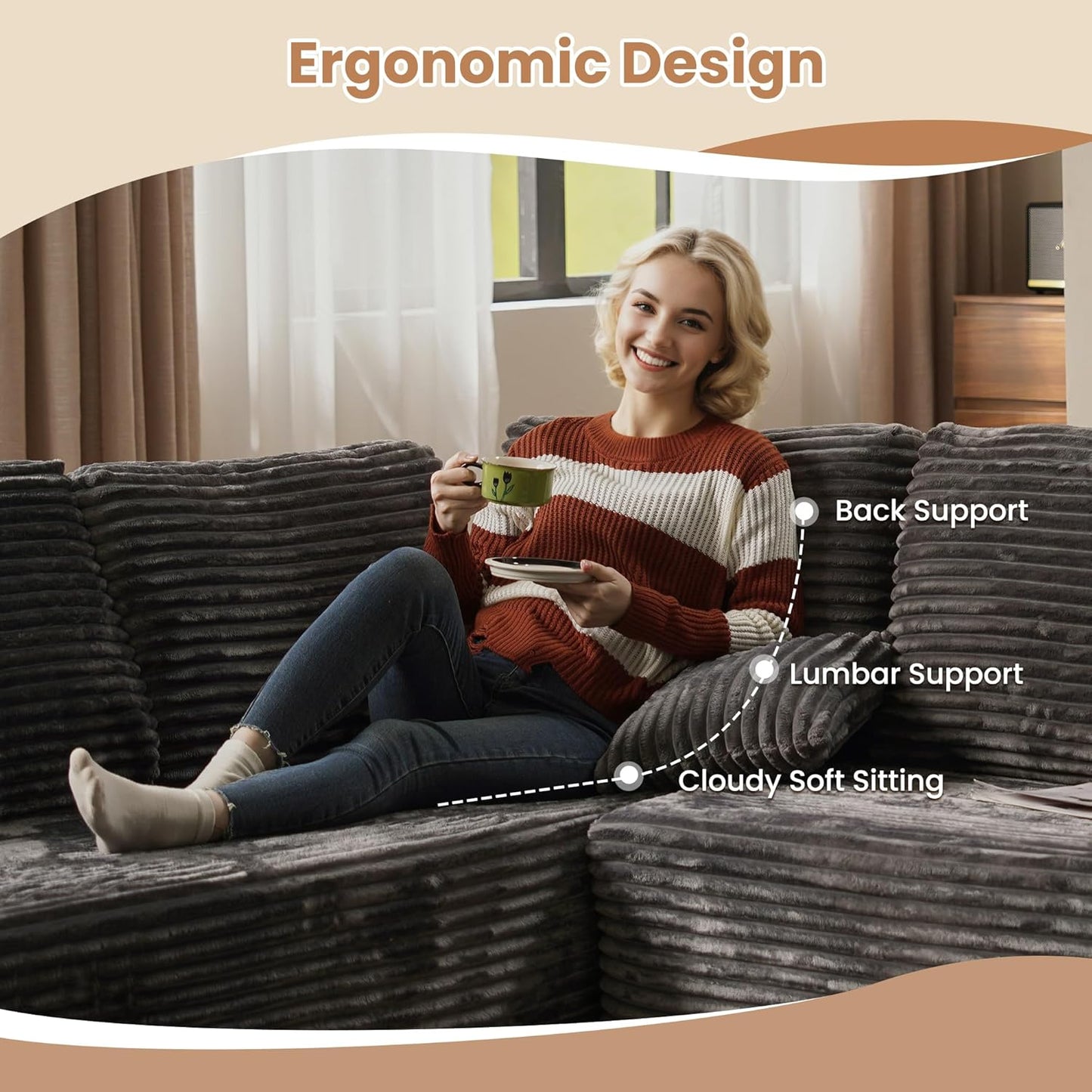 HOOOWOOO Cloud Sectional Couches for Living Room,Modular Sectional Sofa No Assembly,133X70 Inch Plush Corduroy Large U Shaped Floor Couch Set with Deep Seat Chaise Ottoman(Gray)