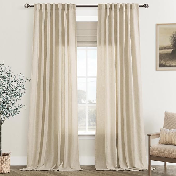 Greyish Beige Linen Curtain 90 inch Length 2 Panels Set Back Tab Light Filtering Living Room Curtain Drapes Home Office Modern Minimalist Decor Farmhouse Boho Neutral Semi Sheer Curtain 90 inch Long