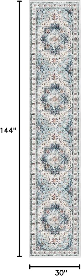 Madane Hallway Runner Rug 2'6''x12' Kitchen Runners Vintage, Blue | Non-Slip Washable Rugs 12ft for Laundry Room, Entryway and Bedroom, Soft Low Pile Stain-Resistant Wide 2.5x12 Ft Floor Carpet