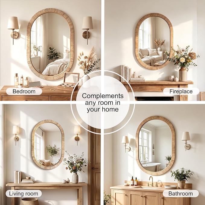 Decorative Rattan Wall Mirror, Boho Bathroom Modern Makeup, Rustic Wall Bohemia Mirrors for Bedroom, Living Room, Vanity Versatile Farmhouse, Nursery, Bathroom (Oval 36“x24”)