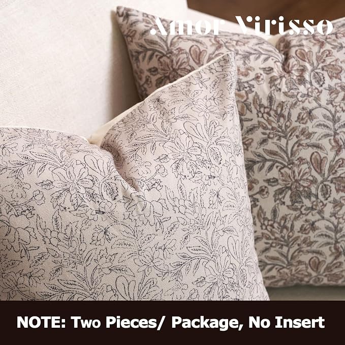 Amor Virisso Floral Throw Pillow Covers 18x18 Set of 2 Vintage Block Print Pillow Covers Decorative Pillow Covers Couch Pillows for Living Room Farmhouse Accent Sofa Pillows, Black/Sand