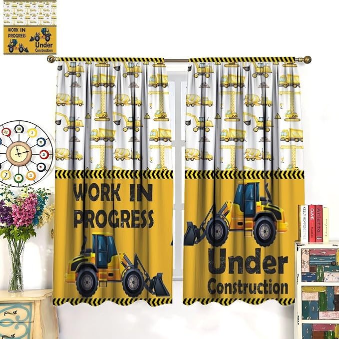 Cartoon Car Blackout Curtain,Boys Kids Construction Vehicles Truck Yellow Window Curtain for Dining Room Kitchen Bedroom Living Room Office Nursery Drapes,63x72 in