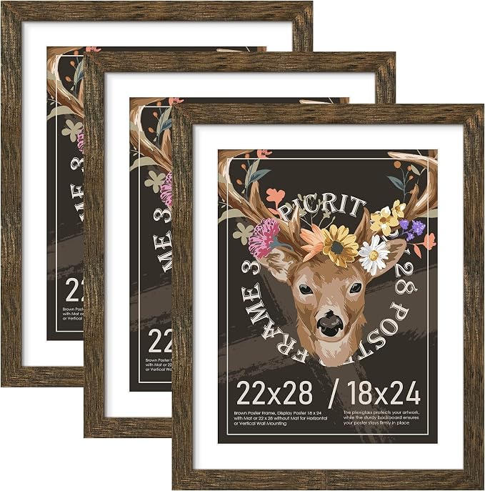 Picrit 22x28 Picture Frame 3 Pack, Wooden Brown Rustic Poster Frame, Display Poster 18 x 24 with Mat or 22 x 28 without Mat for Horizontal or Vertical Wall Mounting