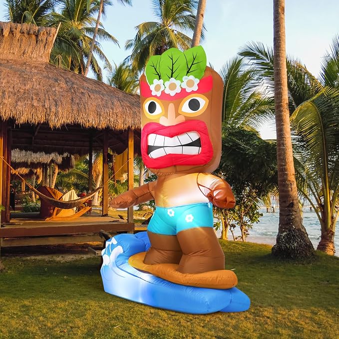 Shappy 5 ft Inflatable Tiki Surfboard Decorations Luau Hawaiian Party Decorations Summer Inflatables Outdoor LED Lighted Tiki Blow up Beach Tropical Pool Surfing Yard Party Supplies Favors