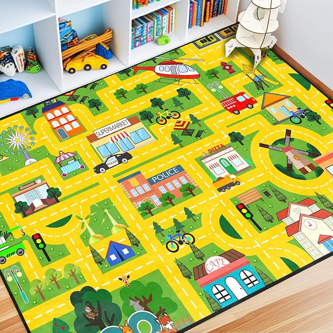 Car Rug Play Mat for Boys Girls Fun Yellow Road Rug for Bedroom Playroom, Fun Car Carpet for Room Decor City Carpet with Race Track, Street, Animal, 3x5 Feet