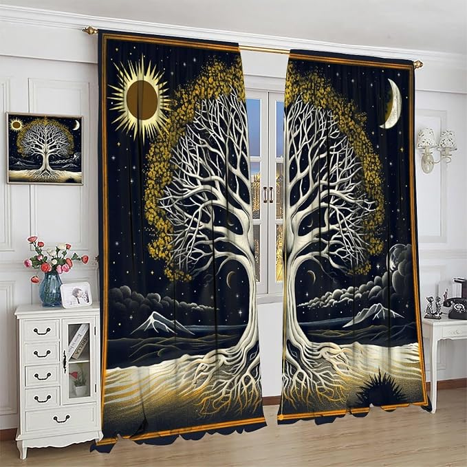 Sun Moon Blackout Curtains, Vintage Abstract Sun Moon Tree of Life Bohemian Mystic Window Drapes, for Bedroom Living Room 84" W X 84" L