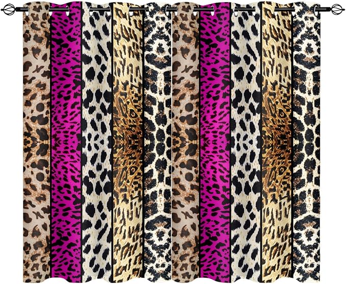 Wild Animal Print Curtain, Room Darkening Thermal Insulated Blackout Leopard Boa Window Drapes with Grommets for Living, Dining, Bedroom, Hot Pink Leopard Print, 52"x 72", 2 Panels