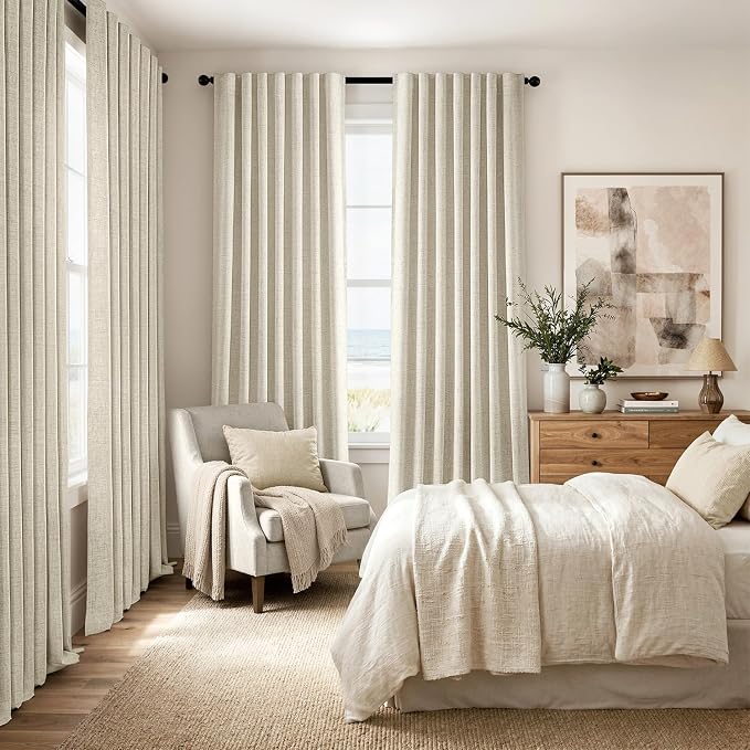 MIULEE 100% Blackout Linen Curtains for Bedroom, Cream Solid Luxury Decor Thermal Insulation Room Darkening Drapes for Living Room Back Tab Rod Pocket 42 x 72 Inches, 2 Panels