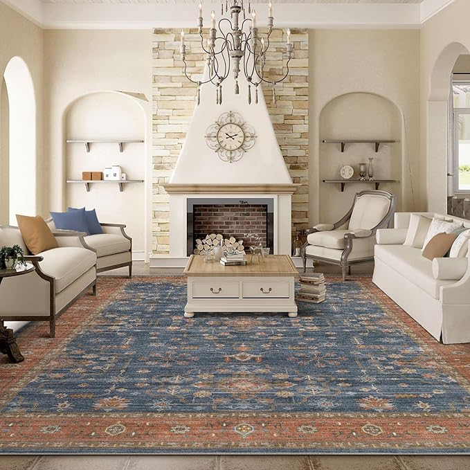 10x12 Area Rug for Living Room- Machine Washable Soft Oriental Vintage Large Indoor Floor Carpet for Bedroom Under Dining Table Home Office Decor - Blue Terracotta