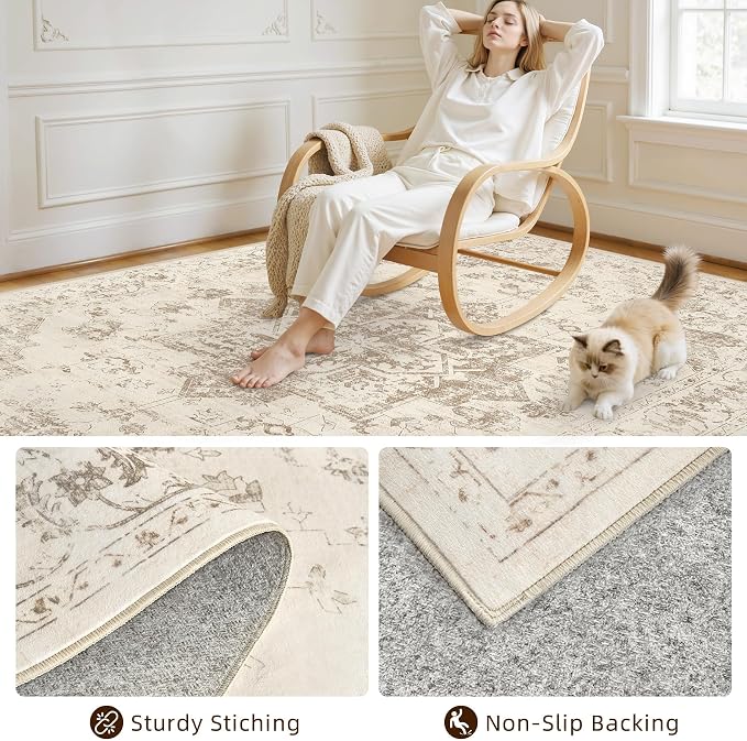 10x14 Area Rug for Living Room: Vintage Boho Neutral Washable Rug Indoor Soft Large Area Rug Carpet for Bedroom Nursery Farmhouse Dining Room Office Floor Non-Slip Low Pile Under Table Rug Beige/Ivory