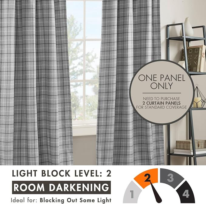 Madison Park Anaheim Cabin Plaid Curtain Window, Thermal Insulated Fleece Lining, Living Room Decor Room Darkening Drape for Bedroom, 1-Single Panel Pack, 50x84 Faux Leather Tab Top, Grey