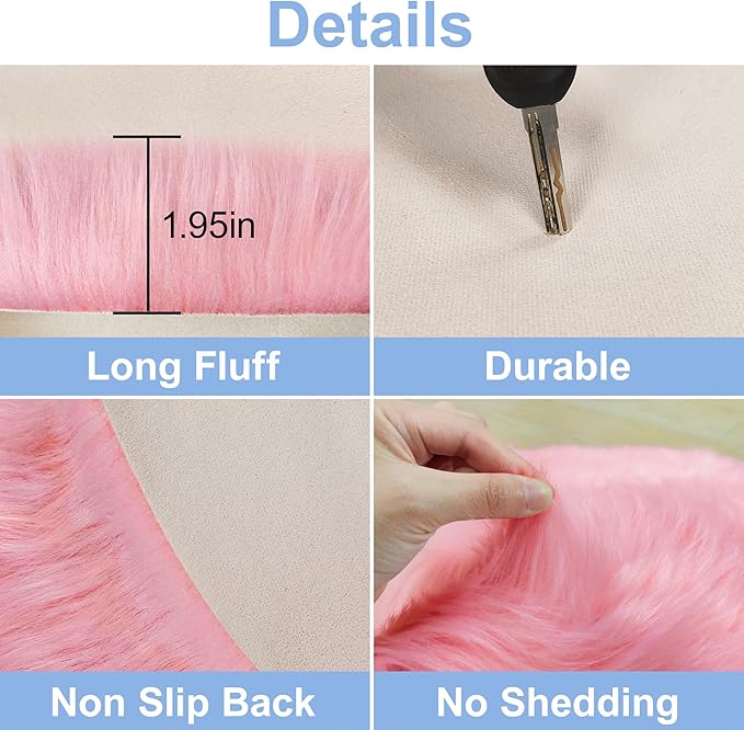 15.7 Inches Mini Pink Round Faux Fur Sheepskin Area Rug, Fluffy Small Circle Rugs Cushion for Chair, Furry Carpet for Nail Desk, Shaggy Circular Rug Plush Rug