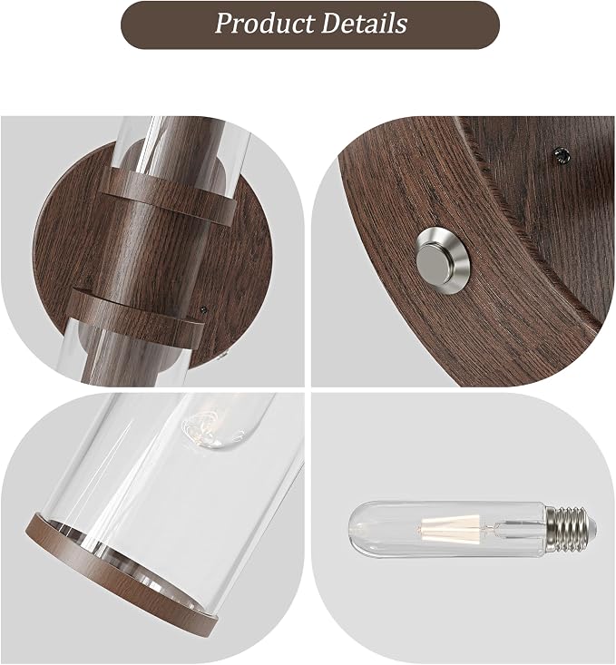 Rayogale Walnut Wireless Battery Operated Wall Sconces with Remote Control | Glass Rechargeable Wall Lights Set of 2 with Timer Function Dimmable for Living Room Bedroom Emergency 3000K, 20.5 Inch