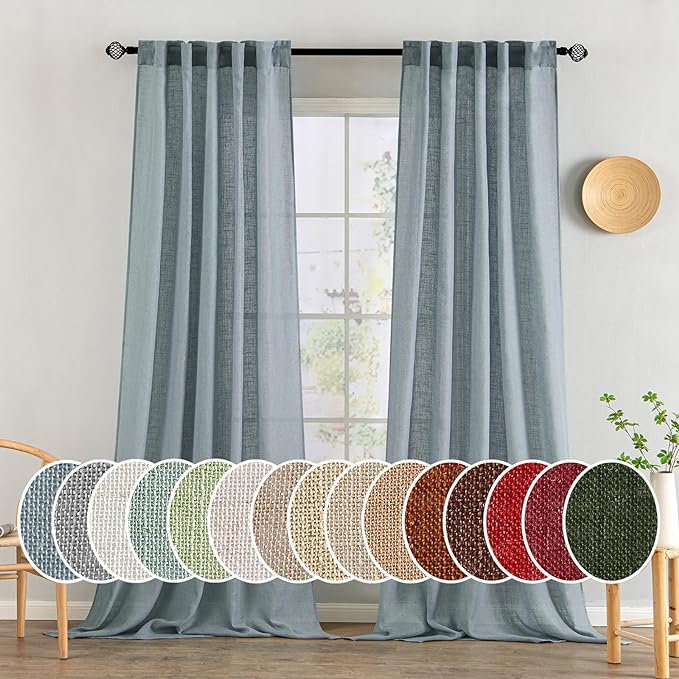 MIULEE Dusty Blue Linen Curtains 90 Inch Long 2 Panels for Bedroom Living Room, Soft Thick Linen Textured Window Drapes Semi Sheer Light Filtering Rod Pocket Back Tab Light Blue Burlap Look Decor