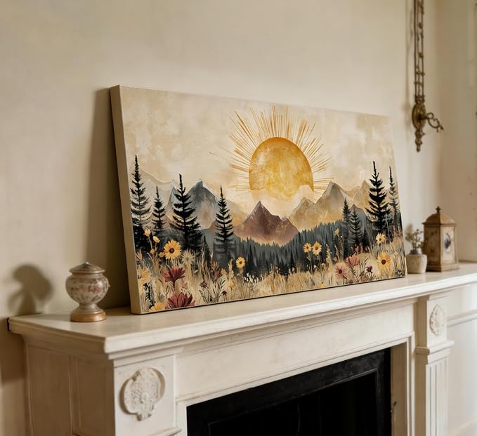 ZAWUDVC Large Boho Mountain Sun Wall Art, Vintage Nature Landscape Canvas Print Poster, Wildflower Forest Sunrise and Sunset Wall Decor for Living Room Bedroom, Rustic Home Decoration,