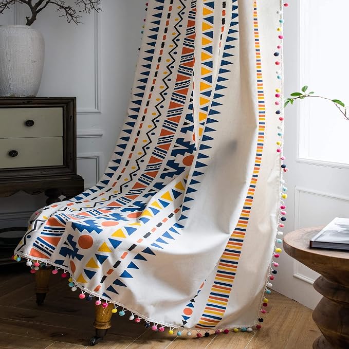 VOGOL Bohemian Style Curtains for Sliding Door, Light Filtering Privacy Drapes for Living Room, Decorative Semi Blackout Window Treatment with Pom Pom, W52 x L96, 1 Panel