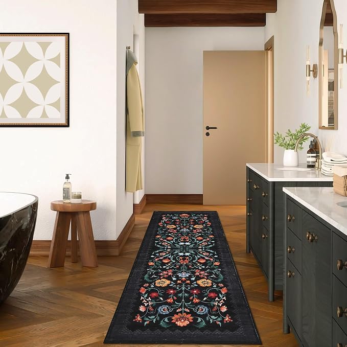 GarveeHome Floral Rug 2x6 Runners for Hallways, Boho Kitchen Runner Rugs Non Slip Bath Runners, Vintage Washable Runner Rug for Bedroom, Soft Long Rugs for Entryway Bathroom Laundry Dorm, Black