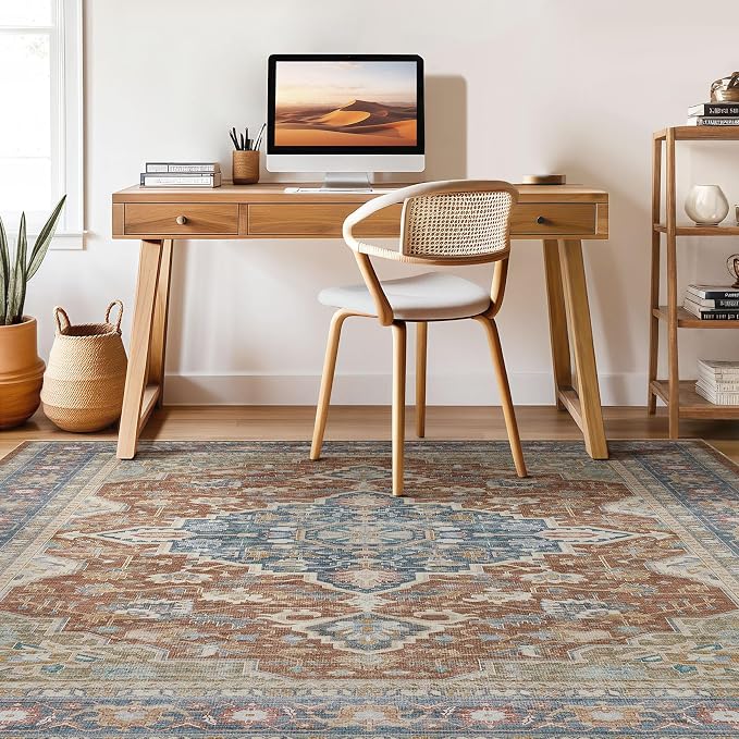 7x9 Area Rug Living Room: Washable Boho Large Neutral Vintage Soft Rug Stain Resistant Farmhouse Non-Slip Indoor Floor Carpet for Bedroom Nursery Kids Playroom Office Dining Room- Red Multi