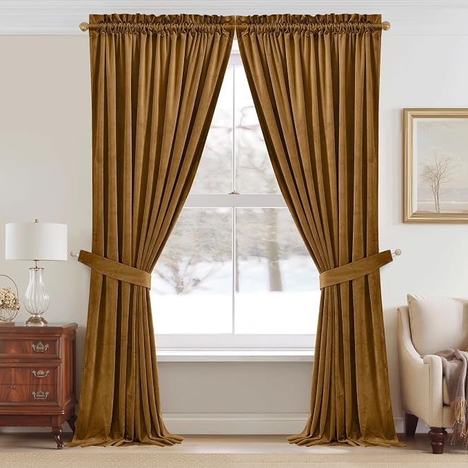 StangH 108 inches Long Gold Brown Velvet Curtains for Bedroom Windows, Thermal Insulated Light Blocking Room Divider Curtains for Sliding Door/Office, W52 x L108, 2 Panels | 300GSM Heavy Soft Velvet, Vintage Luxury Decor, Thermal Insulation & Privacy P...