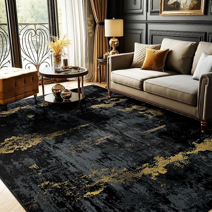 RELEANY Washable Area Rugs 6'x9' Non-Slip Modern Abstract Soft for Living Room Entryway Bedroom Kitchen, Print Pattern, Dark Black Gold