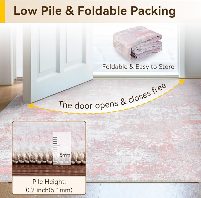 RELEANY Washable Area Rugs 6'x8' Non-Slip Modern Abstract Soft for Living Room Entryway Bedroom Kitchen, Print Pattern, Grey Pink