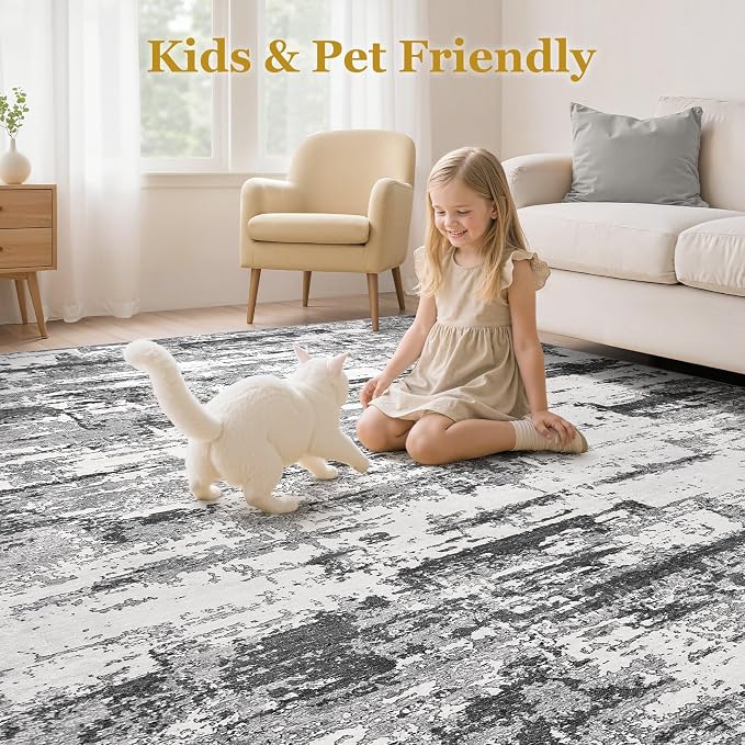 Area Rugs for Living Room: 9x13 Abstract Washable Rug Modern Neutral Large Soft Stain Resistant Non-Slip Backing Machine Table for Bedroom Dining Room Indoor Home Office Carpet - Black Grey
