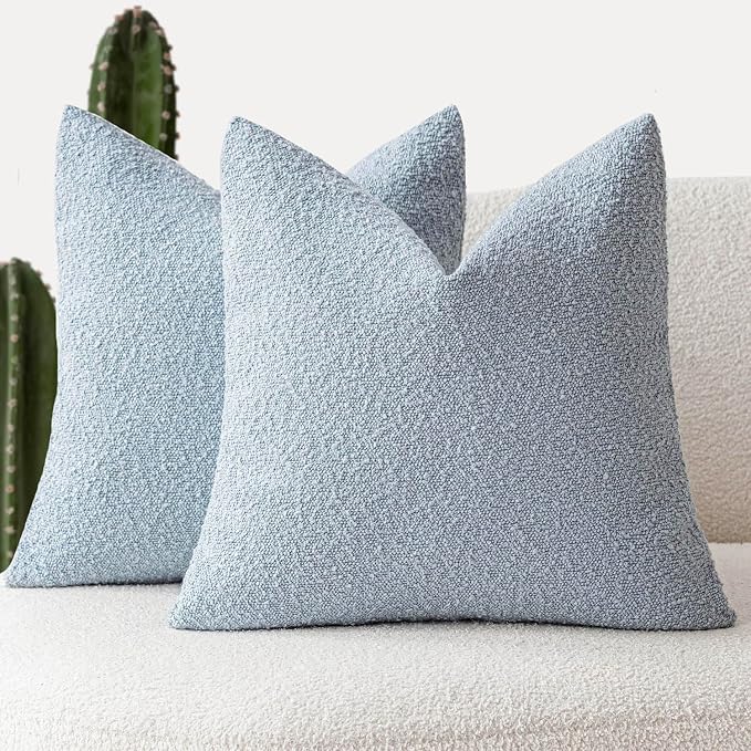 Foindtower Set of 2, Decorative Textured Boucle Throw Pillow Covers Accent Solid Pillow Cases Neutral Soft Cozy Couch Cushion Case for Chair Sofa Bedroom Living Room Home Decor 16 x 16 Inch Light Blue