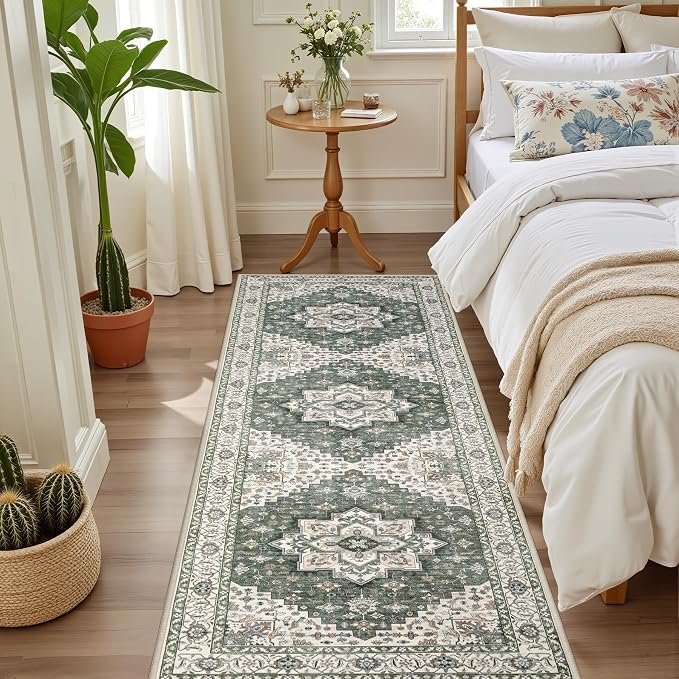 Hallway Runner Rug Non Slip - Washable 2.6x8 Kitchen Rugs for Living Room, Low-Pile Soft Bedroom Rug Indoor Floor Stain Resistant Carpets for Entryway, Laundry, Bathroom Green Ivory