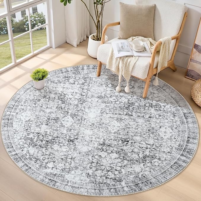 Sasttie Round Rugs 6ft, Ultra-Soft Washable Circle Rug, Low Pile Foldable Thin rugs with Non-Slip Backing, Skin-Friendly Stain Resistant Carpet for Living Room, Bedroom, Kitchen, Dorm, 6ft, Light Grey