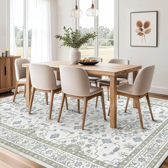 Area Rug 10x14 for Living Room - Washable Oriental Vintage Floral Distressed Large Indoor Carpets with Non Slip Back for Bedroom Dining Room Nursery Office Home Decor -Light Green