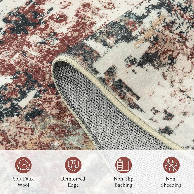 Rugflix 8x10 Area Rugs for Living Room, Washable Large Rug Stain-Resistant Low Pile, Modern Carpet for Dining Room Home Office Kid Room Nursery Bedroom, Rust Brown Green