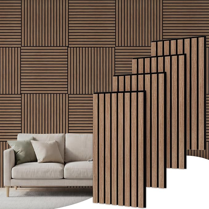 TONOR Wood Wall Panels for Interior Wall Decor, 4 Pack 23.6" x 11.8"(7.74ft²) Wood Slat Aacoustic Panels, Soundproof Wall Panels for Noise Cancelling and Decoration, Living Room, Bedroom, Walnut
