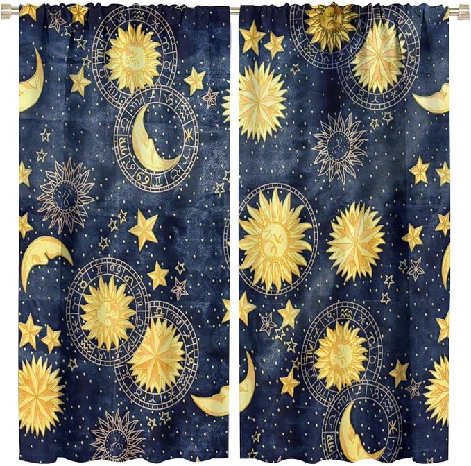Boho Sun Moon Blackout Window Curtains, Bohemian Golden Sun Moon Stars Print Rod Pocket Window Drapes, for Living Room Bedroom 42x63in 2 Panels