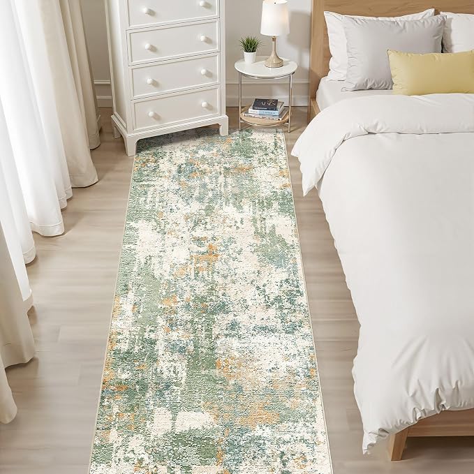 Runner Rug Kitchen Washable Rugs: 2x5 Non-Slip Abstract Soft Modern Stain Resistant Indoor Floor Neutral Accent Throw Carpet for Hallway Bathroom Laundry Room Entryway Bedroom- Green