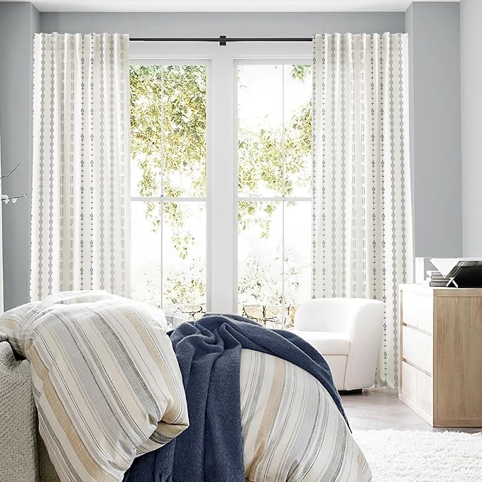 Navy Blue Floral Curtains, 84 Inch Length Vintage Cream White and Blue Vine Striped Linen Semi Sheer Drapes, Dark Blue French Country Curtains for Living Room Bedroom