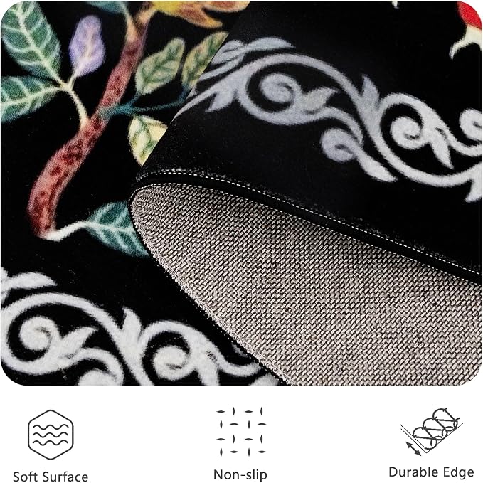 5x7 Area Rugs, Ultra-Thin Soft Rugs for Bedroom, Indoor Non-Slip Washable Rug for Living Room, Dining Room, Low Pile Home Decor Floral Rug(Black)