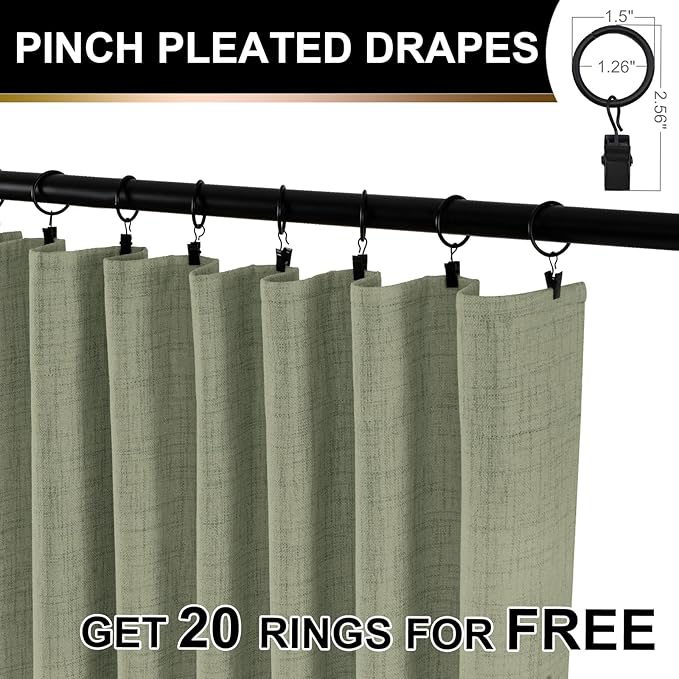 100% Blackout Shield Full Blackout Curtains for Bedroom 120 inch Length 2 Panels Set, Clip Rings/Rod Pocket Faux Linen Black Out Curtains for Living Room, Thermal Insulated, 50Wx120L, Light Sage