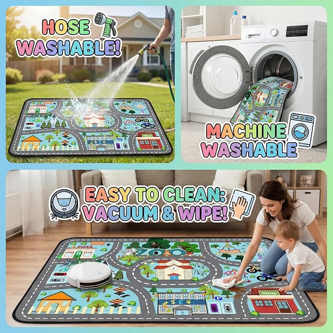 Car Rug Play Mat - Road Rug for Kids Boys Room, Fun Race Track Traffic Road Carpet for Boys Playmat Educational Learn, Car Carpet for Kids Room Decor Playmat Bedroom Playroom,2.5x4 Feet