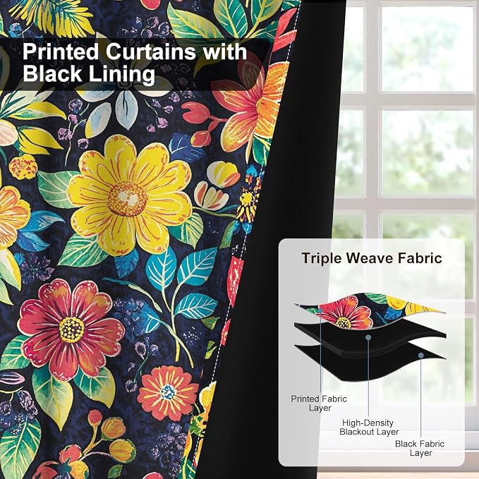 Boho Floral Blackout Curtains 84 Inch Long 2 Panels Set, Grommet Black Out Window Drapes with Curtain Tiebacks, Thermal Insulated Farmhouse Patterned Light Filtering Curtains for Bedroom Livingroom