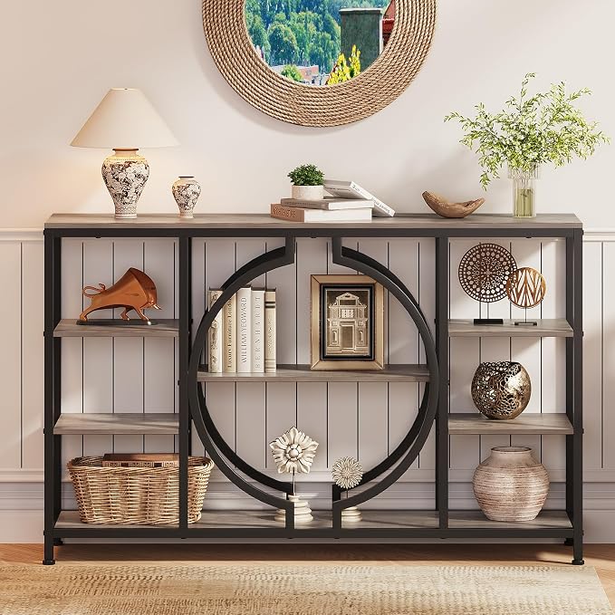 GiftGo 47" Industrial Console Tables for Entryway Rustic Sofa Table Behind Couch 4 Tier Wooden Shelves Entry Table with Storage for Foyer, Hallway, Front Door,Living Room (Retro Grey, 47")