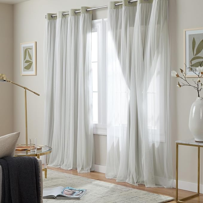 TOWN & COUNTRY LUXE Talia Double Layer Indoor Curtains, Sheer and Room Darkening Blackout, Grommet Top, Energy Efficient Set, 52"x84", Sand (Pack of 12)