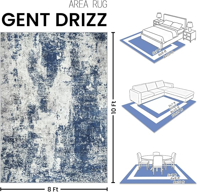 Area Rug Living Room Rugs: 8x10 Large Soft Indoor Carpet Modern Abstract Decor Rug with Non Slip Rubber Backing for Under Dining Table Nursery Home Office Bedroom Blue